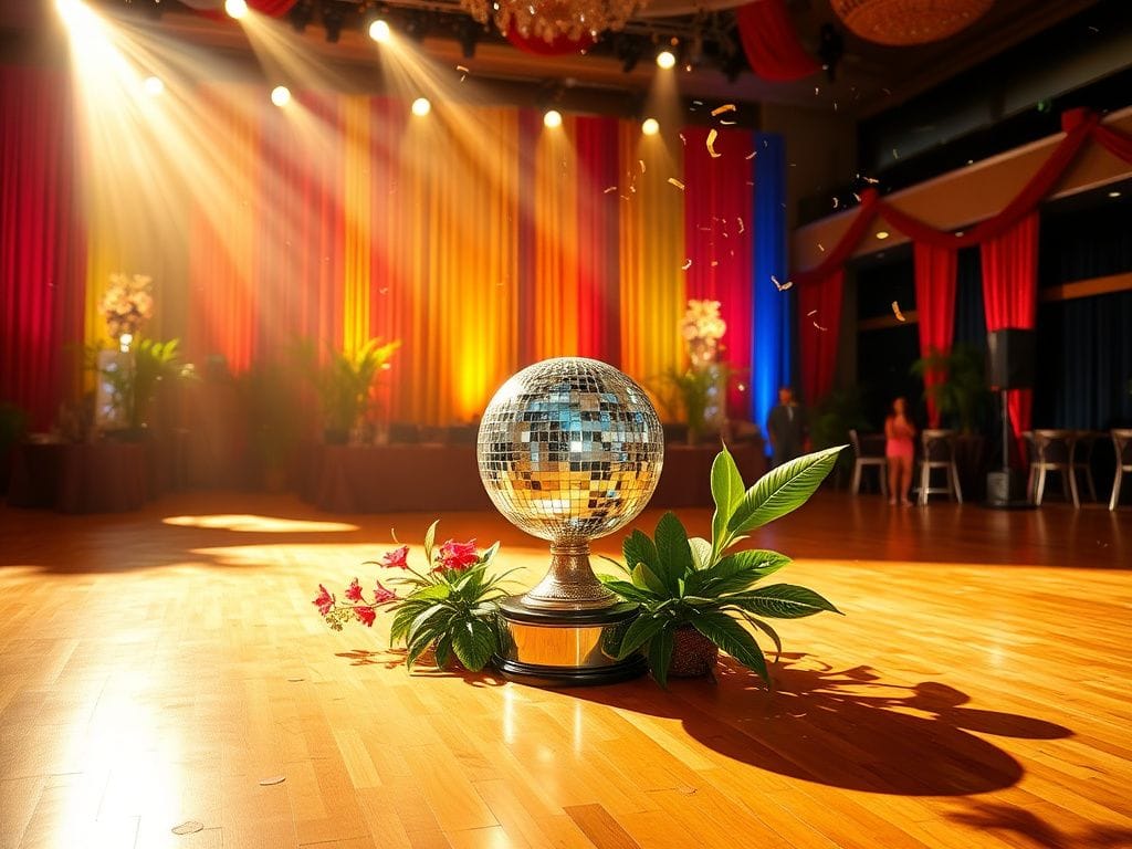 Flick International A dazzling Mirrorball Trophy surrounded by tropical plants and colorful stage curtains