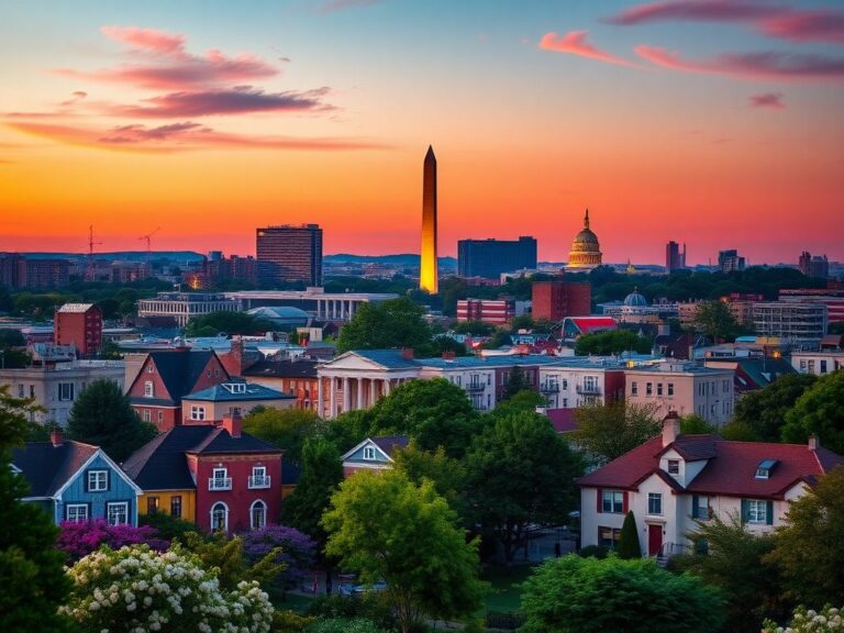 Flick International A vibrant cityscape of Washington, D.C. at dusk featuring the skyline, Washington Monument, and U.S. Capitol.