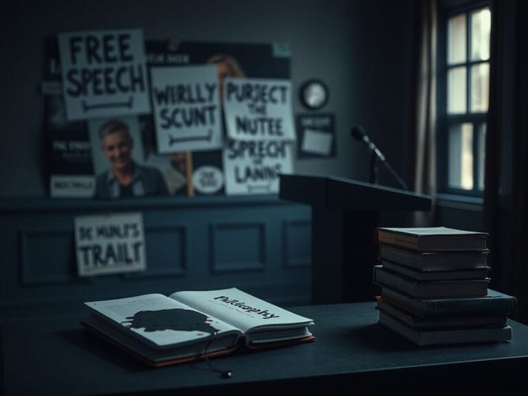 Flick International Empty podium with microphone in a somber, dimly lit room representing the absence of speaker Charlie Kirk