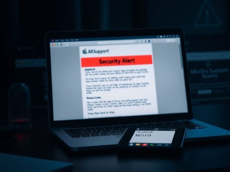 Flick International Close-up of a computer screen showcasing an authentic-looking Apple Support email with a 'Security Alert' banner.