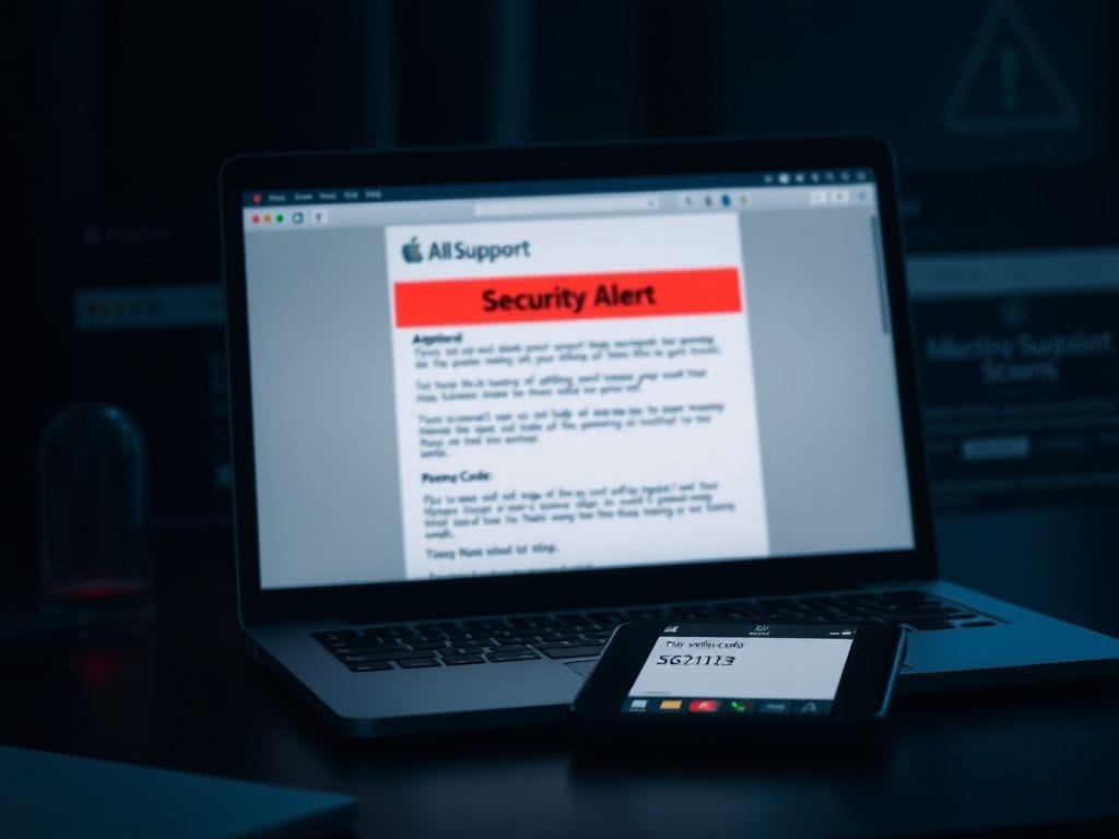Flick International Close-up of a computer screen showcasing an authentic-looking Apple Support email with a 'Security Alert' banner.