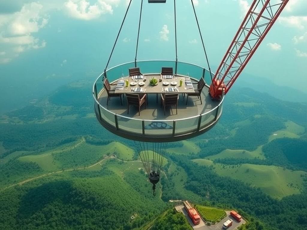 Flick International Aerial view of a sky-dining platform stranded in midair at 120 feet in Kerala, India