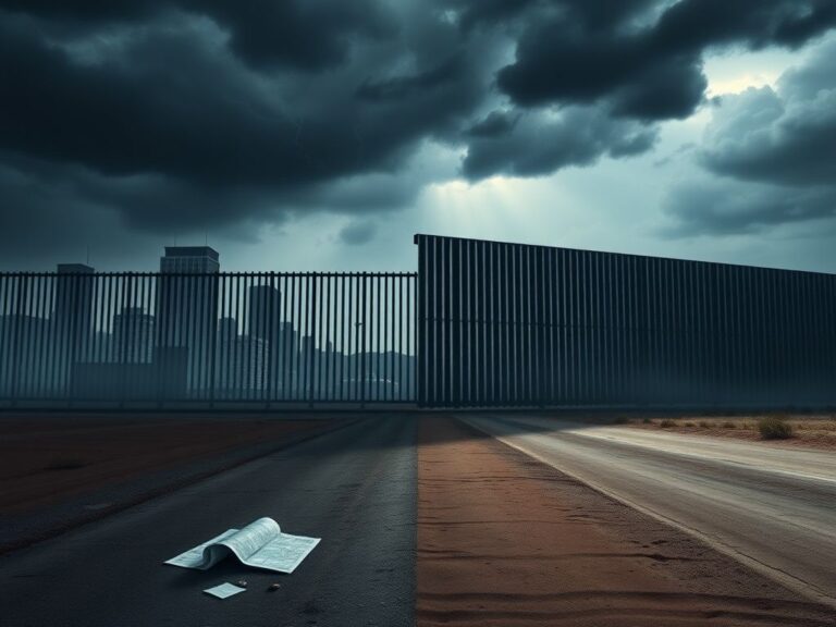 Flick International A dramatic U.S. border crossing scene with a large border wall and dark sky