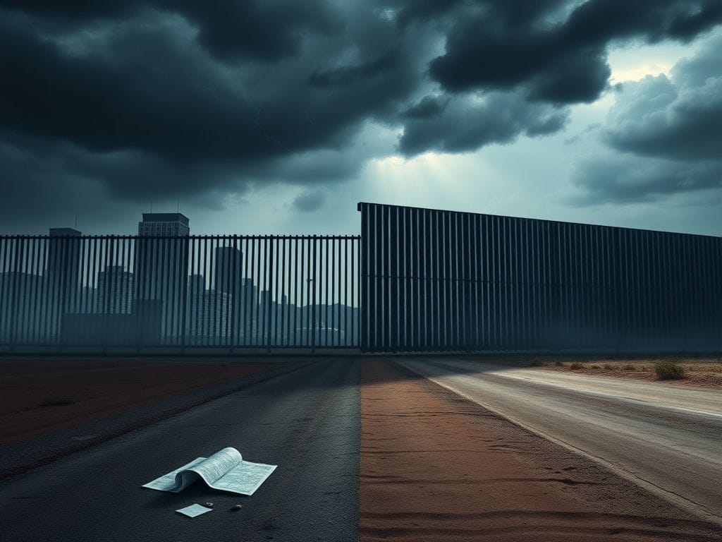 Flick International A dramatic U.S. border crossing scene with a large border wall and dark sky