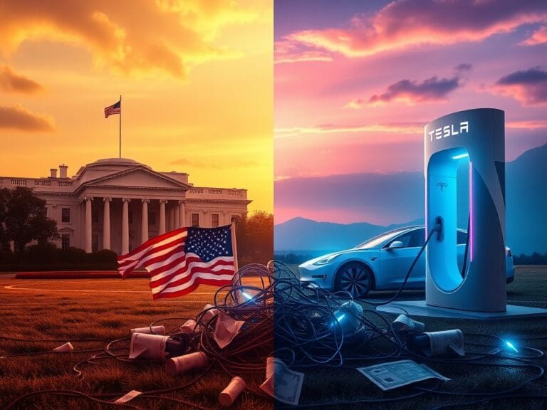 Flick International A stark visual contrast between the White House and a Tesla charging station symbolizing the conflict between politics and technology.