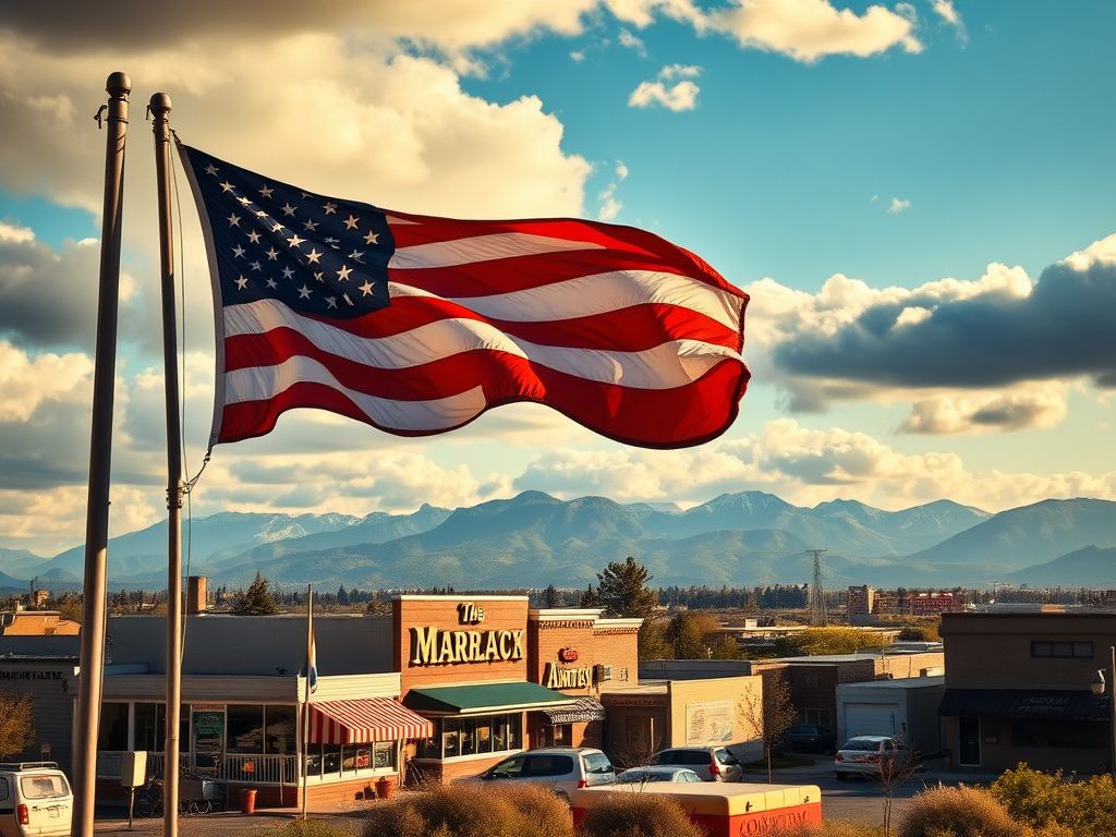 Flick International A weathered American flag fluttering in front of diverse buildings representing different cultures