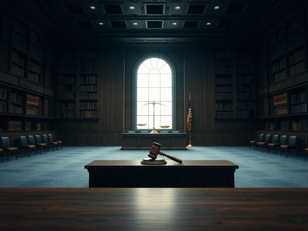 Flick International Large, empty courtroom featuring a judge's bench and gavel, symbolizing justice