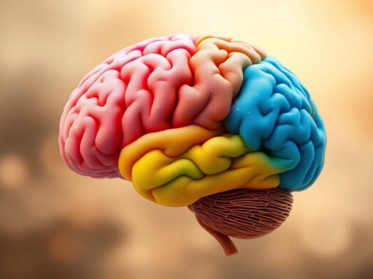 Flick International A vibrant and abstract representation of a segmented human brain illustrating five stages of brain development from birth to 90 years old.