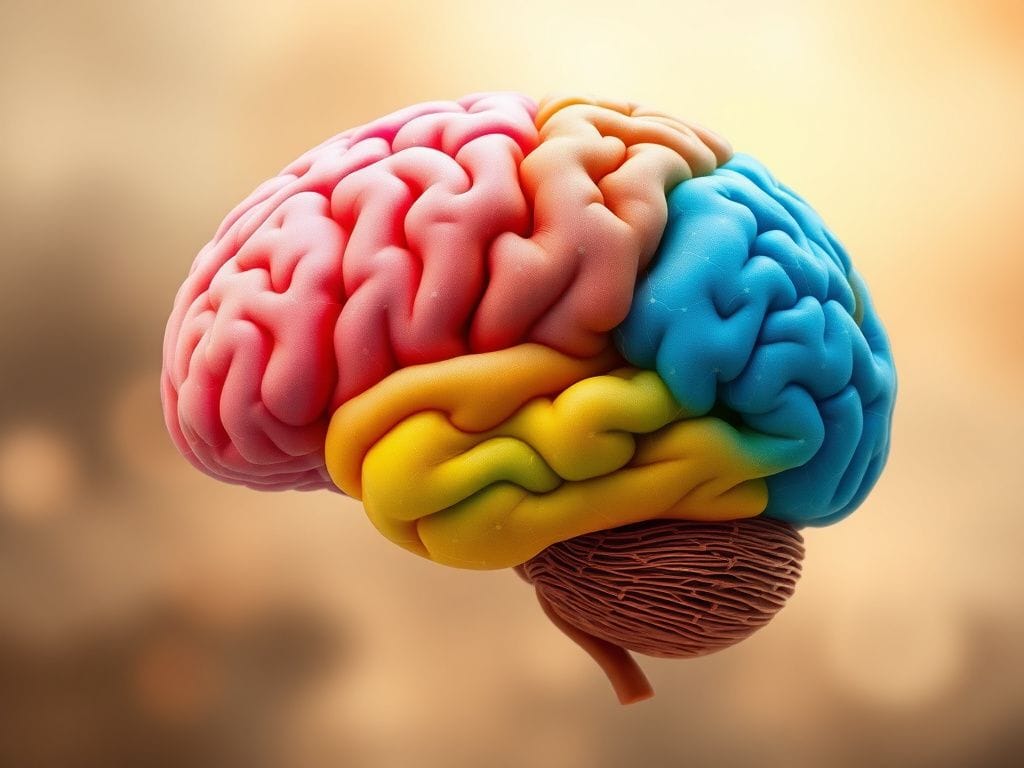 Flick International A vibrant and abstract representation of a segmented human brain illustrating five stages of brain development from birth to 90 years old.