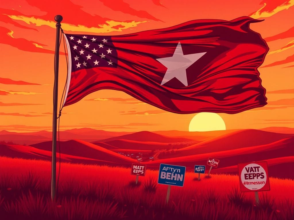 Flick International A vibrant landscape of Tennessee with a large American flag symbolizing Republican values and election atmosphere