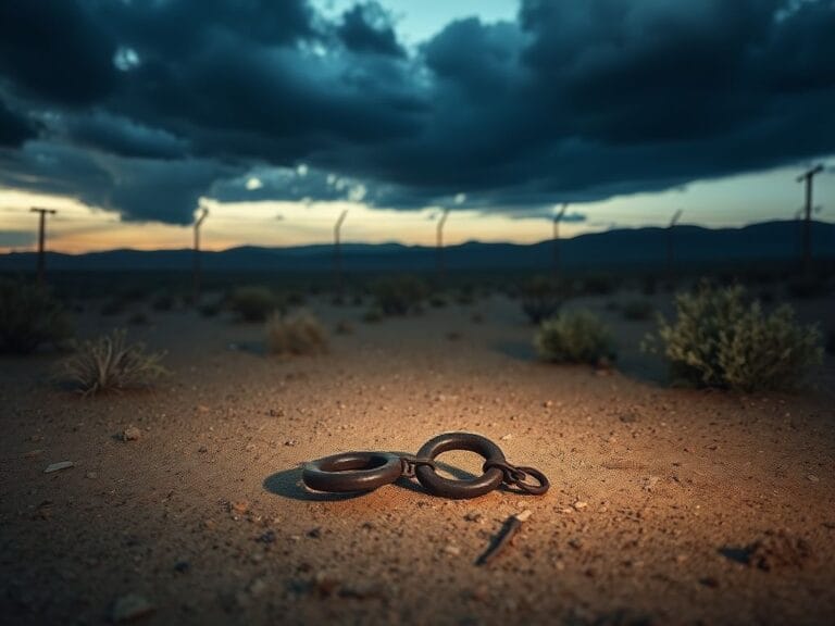 Flick International Desolate border landscape at twilight with discarded shackles in the foreground