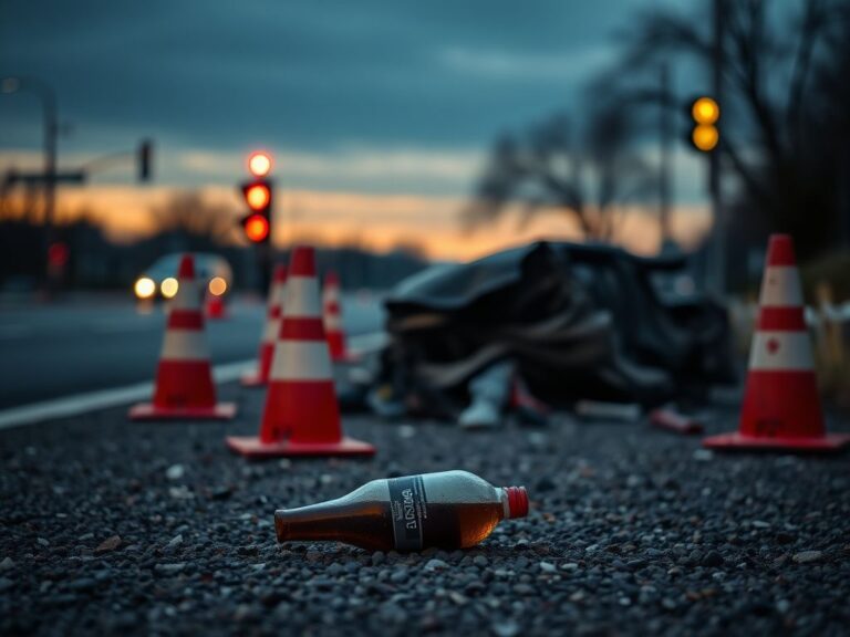 Flick International Crumpled car wreck at a roadside scene with police cones and lights