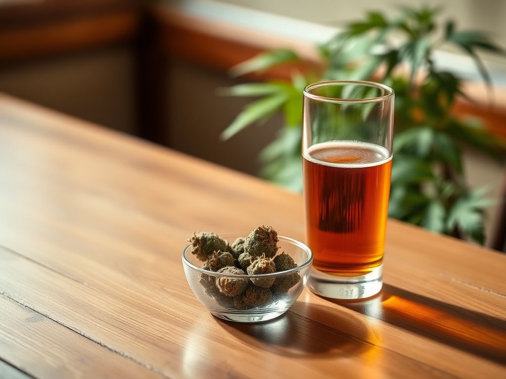 Flick International A serene setting featuring a glass of beer and cannabis buds on a wooden table