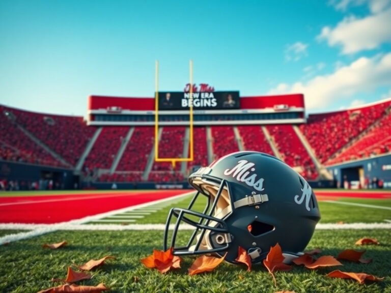 Flick International Empty stadium representing Ole Miss football with goalposts and vintage helmet