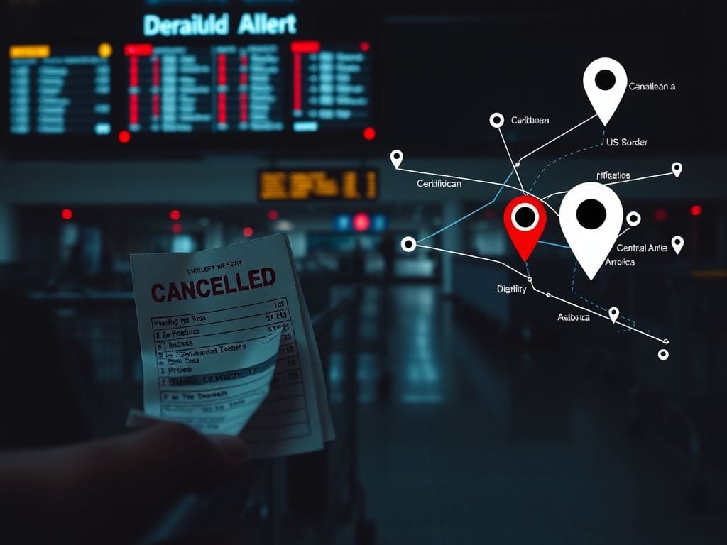 Flick International Dimly lit airport terminal with empty check-in counters representing travel disruption due to visa revocations.
