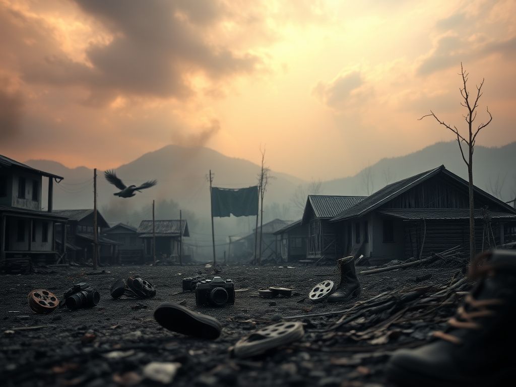 Flick International poignant landscape of a war-torn Vietnamese village with remnants of architecture and abandoned children’s shoe