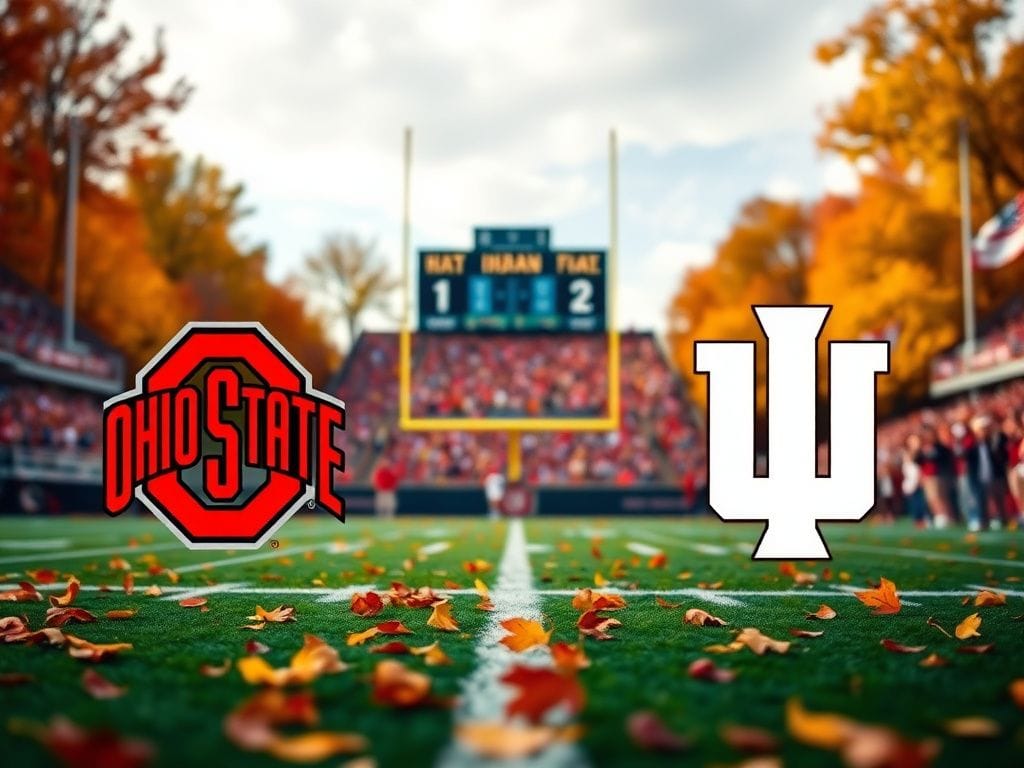 Flick International College football teams Ohio State and Indiana logos with a vibrant autumn stadium background