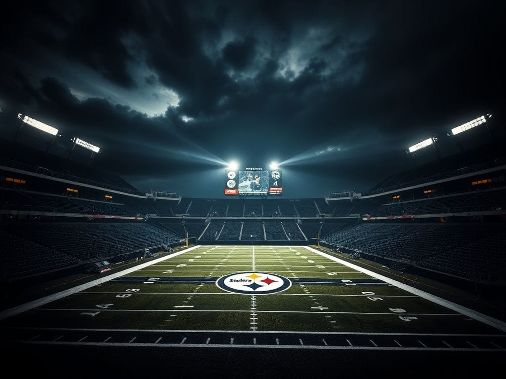 Flick International A dimly lit, empty football stadium with the Pittsburgh Steelers logo at midfield, showcasing a sense of disappointment.