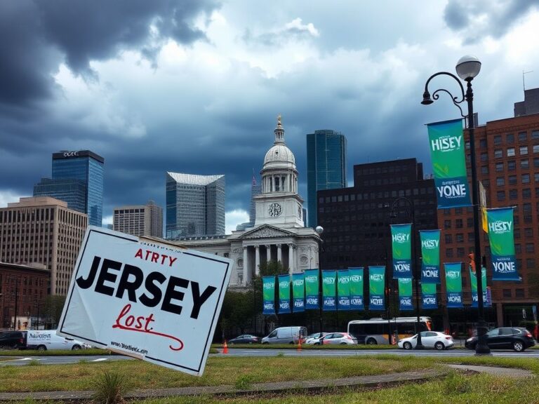 Flick International Dramatic skyline of Jersey City featuring city hall and a worn campaign sign