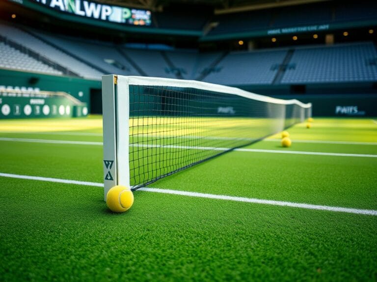 Flick International Close-up view of a professional tennis court with green grass and white net