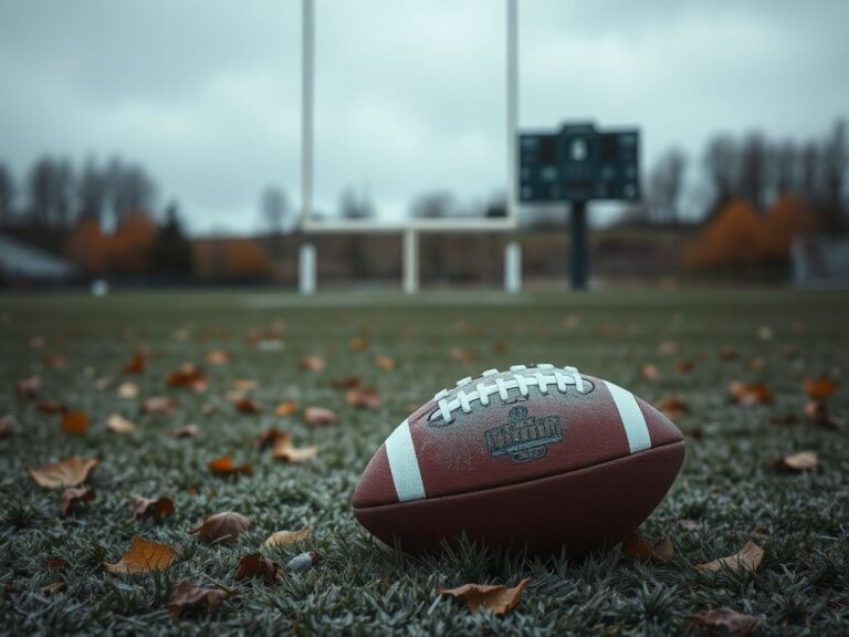 Flick International A cold football field with an abandoned football partially covered in frost