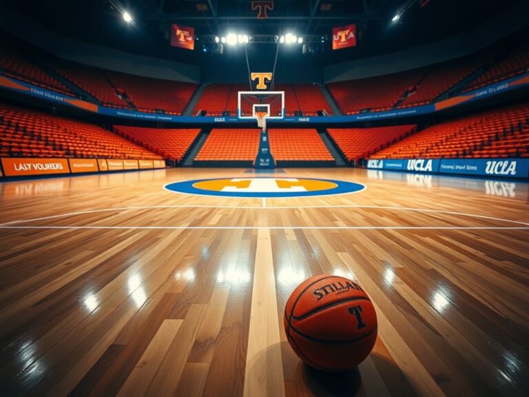 Flick International Close-up of a basketball court with Tennessee Lady Volunteers and UCLA Bruins logos
