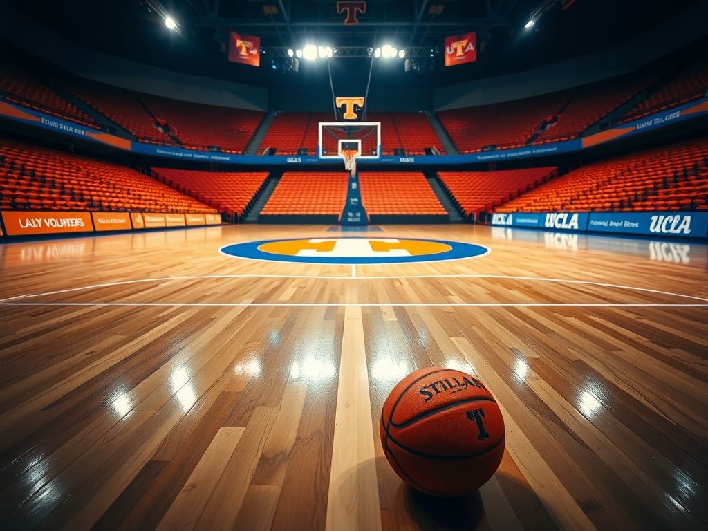 Flick International Close-up of a basketball court with Tennessee Lady Volunteers and UCLA Bruins logos