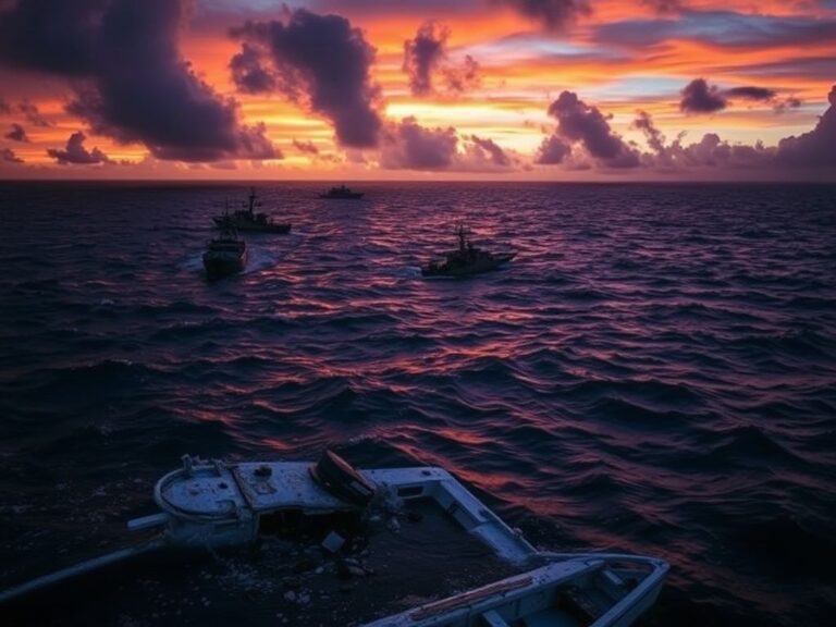 Flick International A dramatic aerial view of a turbulent Caribbean Sea at twilight, featuring a partially submerged small boat and U.S. Navy ships.