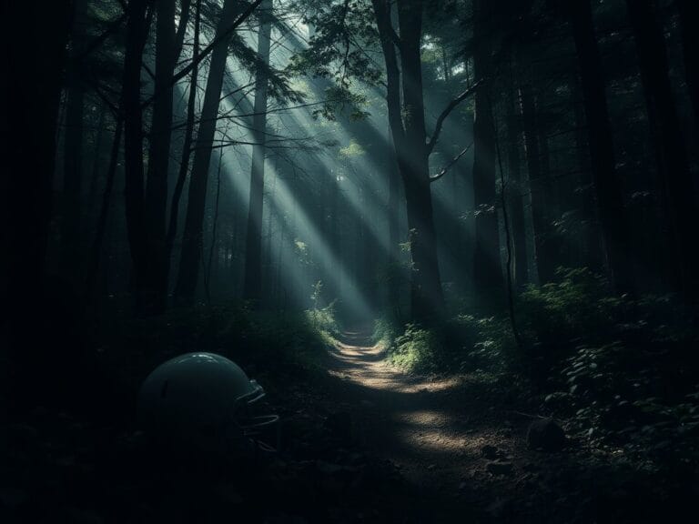 Flick International Abandoned football helmet in a shadowy forest symbolizing the missing Virginia football coach