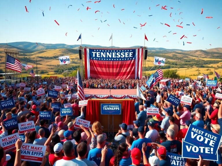 Flick International A vibrant political rally scene in Tennessee with enthusiastic GOP supporters and campaign signs.