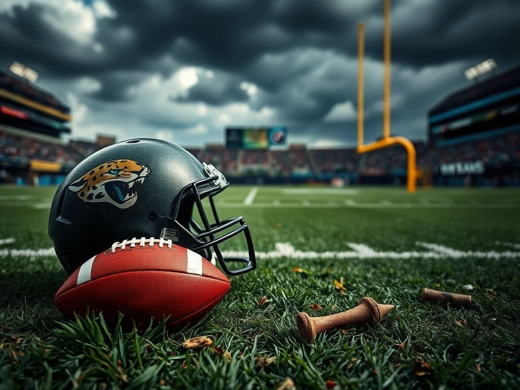 Flick International Blurred football field with a football and worn-out helmet during tense NFL game