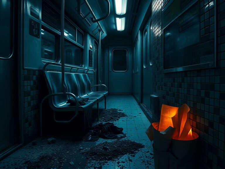 Flick International Dimly lit subway platform showcasing an empty subway car with burnt remnants