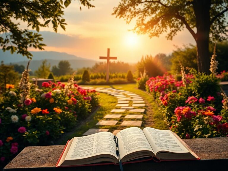 Flick International Serene landscape with sunlit pathway, vibrant flowers, and a wooden cross symbolizing hope.