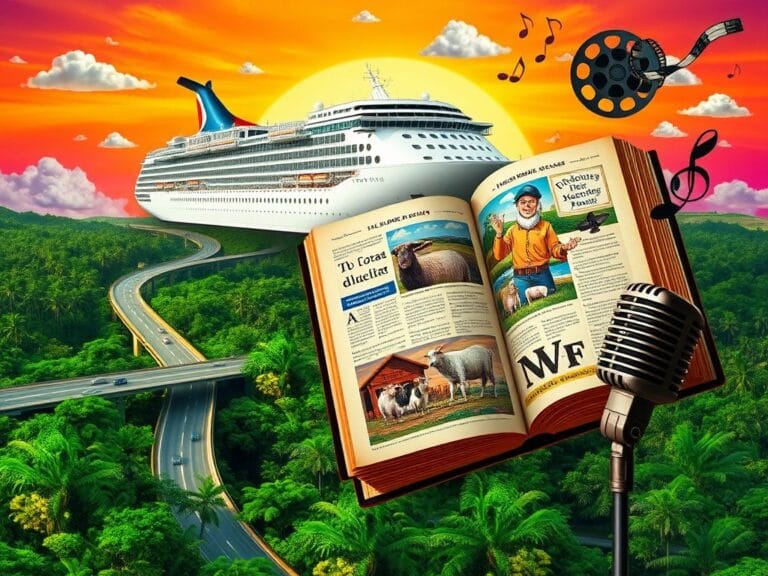 Flick International Surreal collage depicting chaotic November news, featuring oversized green highway through Amazon rainforest, cruise ship above, and whimsical almanac imagery.