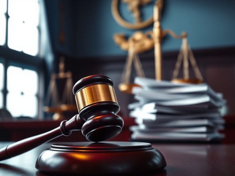 Flick International Dramatic courtroom scene with a judge's gavel and blurred scales of justice