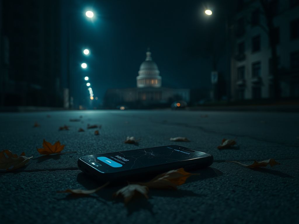 Flick International A cracked cell phone lying on a dark urban street at night with scattered autumn leaves