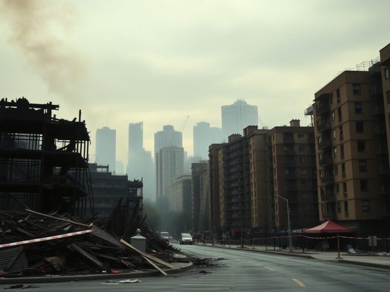Flick International Aftermath of a devastating apartment fire in Hong Kong with charred buildings and debris