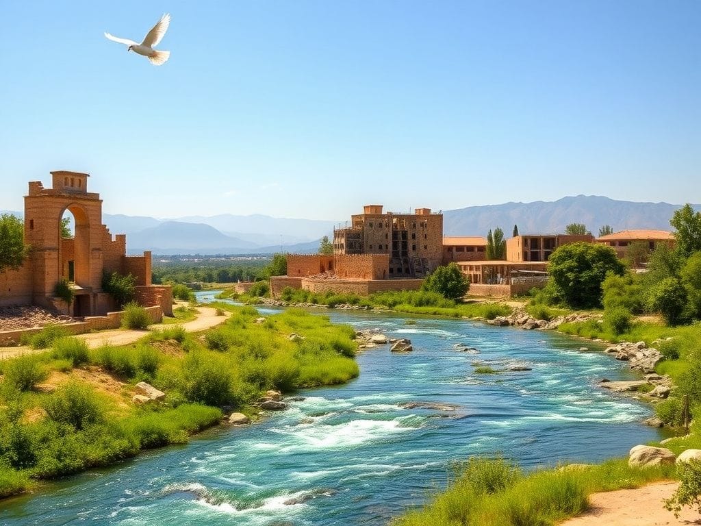 Flick International Serene landscape of Syria with ancient ruins and modern development