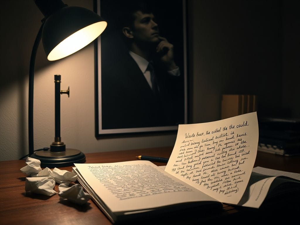 Flick International Dimly lit workspace with a wooden desk and a silhouette poster of Robert F. Kennedy Jr.