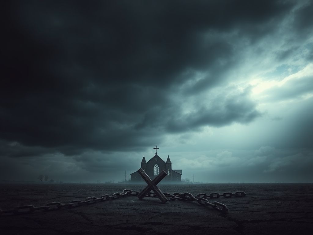 Flick International Dark stormy sky over a silhouette of a church with broken stained glass windows