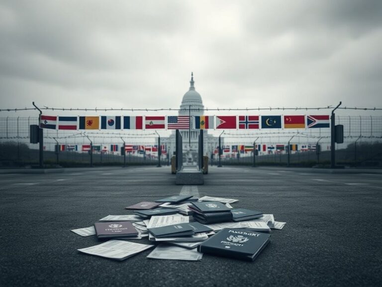 Flick International A moody landscape of a border crossing checkpoint with a collection of passports scattered across a surface