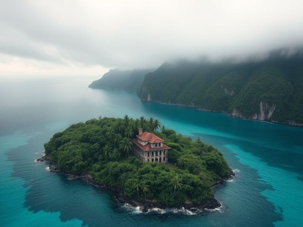 Flick International Aerial view of Jeffrey Epstein's private island with tropical foliage and a dilapidated mansion