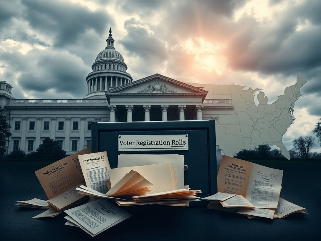Flick International Government building representing the Justice Department with a closed file cabinet labeled 'Voter Registration Rolls'.