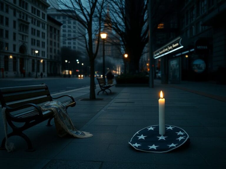 Flick International A solemn scene outside Farragut West Metro station with a military insignia and folded flag on a bench