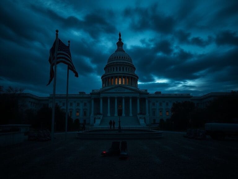 Flick International A somber scene of the U.S. Capitol building at dusk with an American flag at half-mast and empty military uniforms