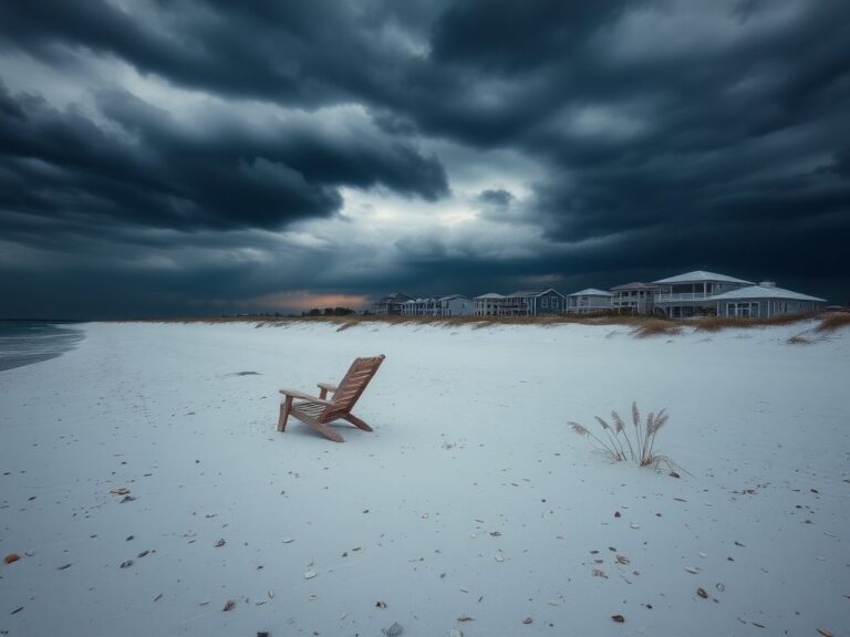 Flick International A deserted beach in Santa Rosa Beach, Florida, under an overcast sky with an overturned beach chair.