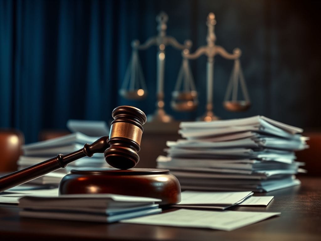 Flick International An abstract representation of a courtroom with a gavel and legal documents