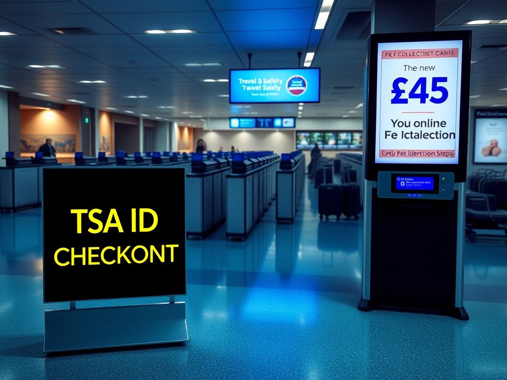 Flick International Serene airport security checkpoint with empty metal detectors and TSA ID CHECKPOINT sign