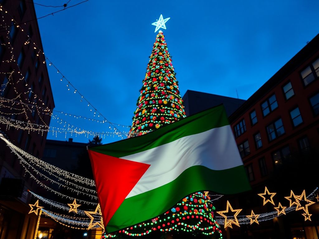 Flick International A beautifully decorated Christmas tree with Palestinian flag at Portland's tree lighting ceremony