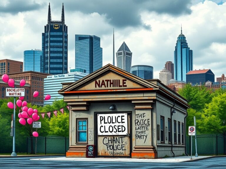 Flick International A stylized Nashville cityscape depicting the Batman Building and a weathered police station with anti-police sentiment visible.